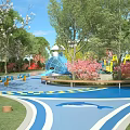 Park Landscape Featuring Curved Blue Water Play Slides Green Lawns And Pink Flowering Trees