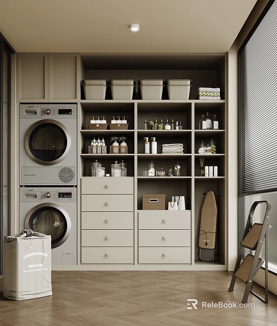 Organized Home Balcony Laundry Area With Washing Machine Dryer Storage Cabinets Bins And Shelves 3d model 