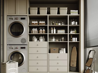 Organized Home Balcony Laundry Area With Washing Machine Dryer Storage Cabinets Bins And Shelves 3d model