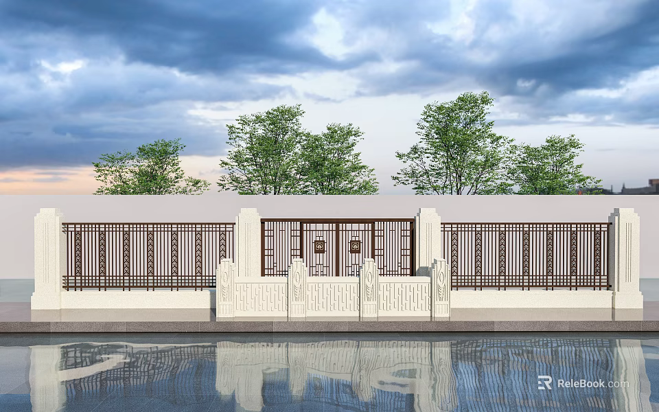 Scenic Wall With White Surface Black Grille Design Carved Railing Water Reflection And Background Trees 3d model 