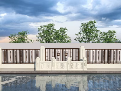 Scenic Wall With White Surface Black Grille Design Carved Railing Water Reflection And Background Trees 3d model