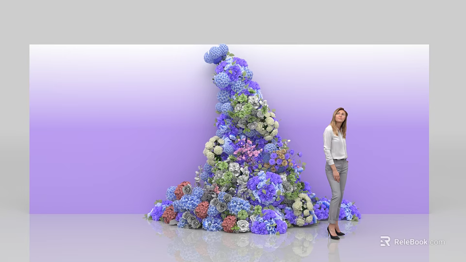 Commercial Large Floral Display Equipment With Various Colored Flowers And Woman Standing By 3d model 
