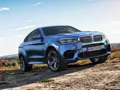 Blue BMW SUV Parked On Outdoor Dirt Road With Blue Sky White Clouds And Landscape 3d model