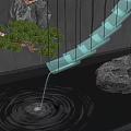 Modern Water Fountain Featuring Blue Curved Design with Flowing Water and Natural Rocks Pine Tree