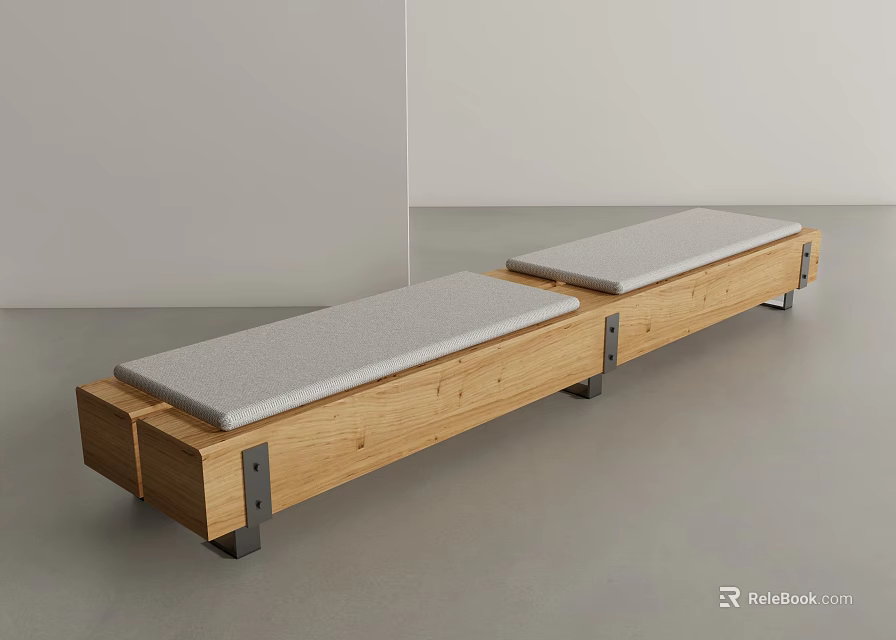 Long Modern Wooden Stools With Gray Padded Seats And Metal Hardware 3d model 