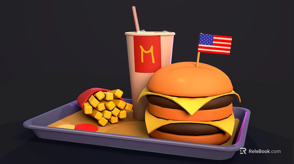 McDonald's Fast Food Tray With Flag Topped Cheeseburger Fries And Cold Drink 3d model 