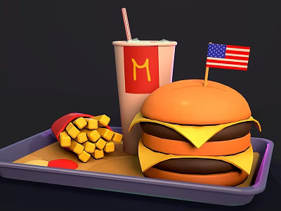 McDonald's Fast Food Tray With Flag Topped Cheeseburger Fries And Cold Drink 3d model
