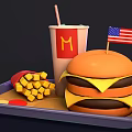 McDonald's Fast Food Tray With Flag Topped Cheeseburger Fries And Cold Drink