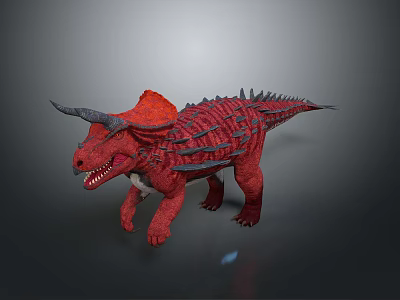 Red Triceratops Dinosaur Model With Black Horns And Spiked Back Structure 3d model