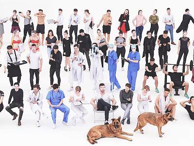 Diverse Group of People in Various Poses and Attire Standing Sitting Together 3d model