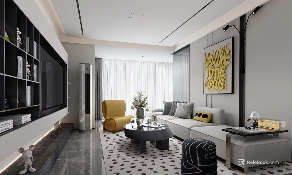Modern Living Room Interior Design With Yellow Armchair Gray Sofa Coffee Table And Decorative Painting 3d model 