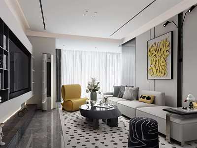 Modern Living Room Interior Design With Yellow Armchair Gray Sofa Coffee Table And Decorative Painting 3d model