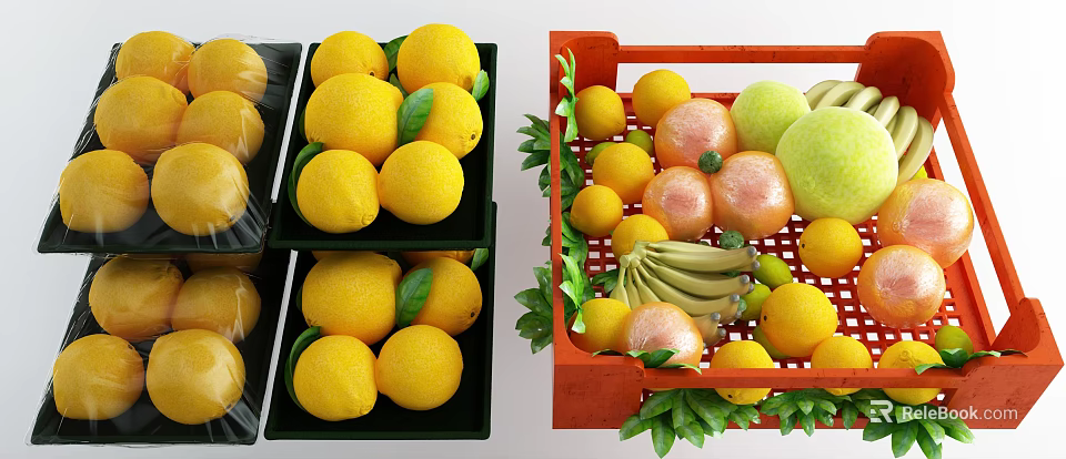 Fresh Assorted Fruits Display With Lemons Oranges Bananas And Pears In Colorful Crates 3d model 
