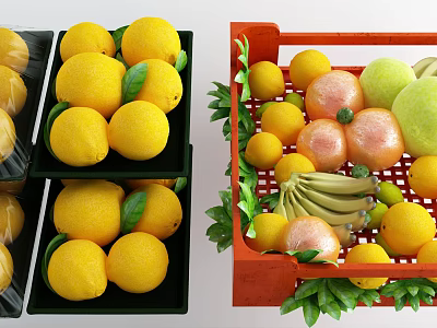 Fresh Assorted Fruits Display With Lemons Oranges Bananas And Pears In Colorful Crates 3d model