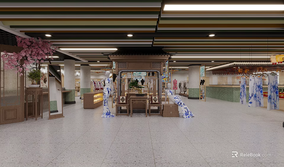 Elegant Traditional Chinese Cheongsam Clothing Specialty Store Interior Design With Exquisite Cultural Themed Decorations 3d model 