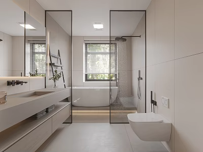 Modern Bathroom Interior With Double Sink Vanity Glass Shower And Bathtub 3d model