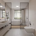 Modern Bathroom Interior With Double Sink Vanity Glass Shower And Bathtub