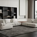 Modern Living Room Featuring Large Sectional Sofa White Brown Upholstery And Area Rug