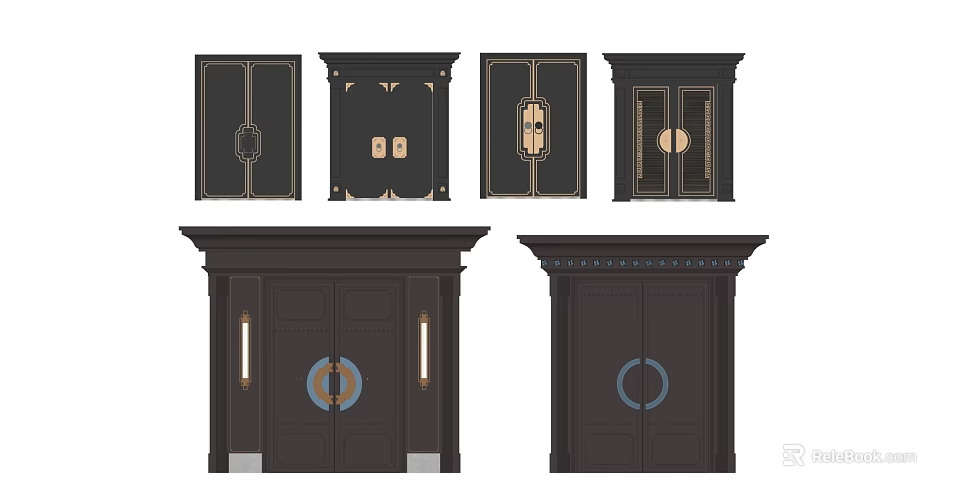 Entry Doors Featuring Various Design Styles Ornate Frames And Round Knockers 3d model