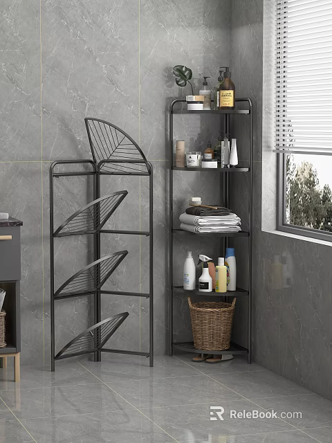 Black Metal Multi Tiered Shelving Units Holding Towels Bottles in Gray Tile Bathroom with Window 3d model 