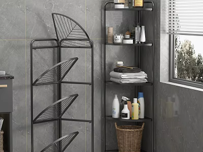 Black Metal Multi Tiered Shelving Units Holding Towels Bottles in Gray Tile Bathroom with Window 3d model
