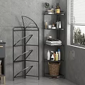 Black Metal Multi Tiered Shelving Units Holding Towels Bottles in Gray Tile Bathroom with Window