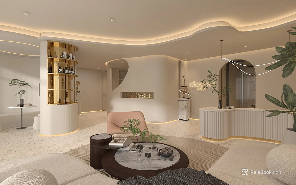 Modern Luxury Living Room With Beige Sofa Wooden Coffee Table Gold Accents And Green Plants 3d model 