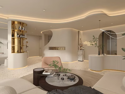 Modern Luxury Living Room With Beige Sofa Wooden Coffee Table Gold Accents And Green Plants 3d model