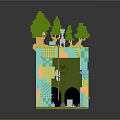 Cartoon Themed 3D Scene Featuring Green Trees Mushroom Small Animals Colorful Block Terrain and Cave