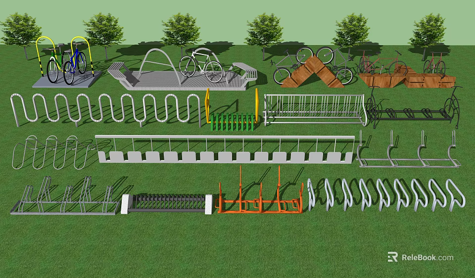 Outdoor Fitness Playground Equipment with Various Exercise Tools Green Grass and Trees 3d model 
