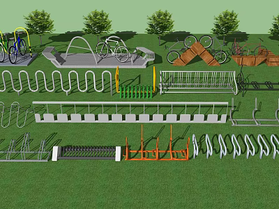 Outdoor Fitness Playground Equipment with Various Exercise Tools Green Grass and Trees 3d model