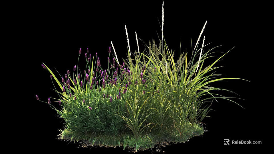Lush Garden Shrubs Featuring Purple Flowers Green Grass And White Spikes 3d model 
