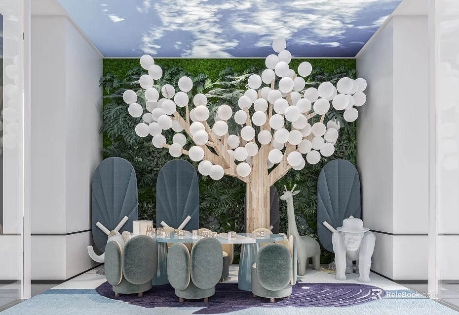 Indoor Kids Activity Space With Green Plant Wall White Balloon Tree Blue Chairs And Toys 3d model 