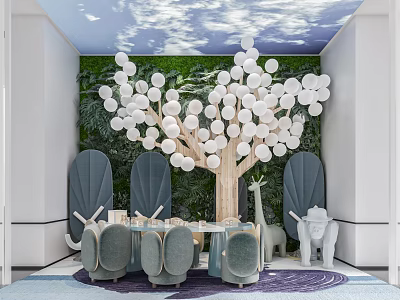 Indoor Kids Activity Space With Green Plant Wall White Balloon Tree Blue Chairs And Toys 3d model