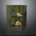 Rusty Green Safe With Open Door Interior Silver And Gold Bars On Shelves