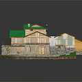 Cartoon Style House Scene With Green Roof Wooden Structure And Lawn Steps