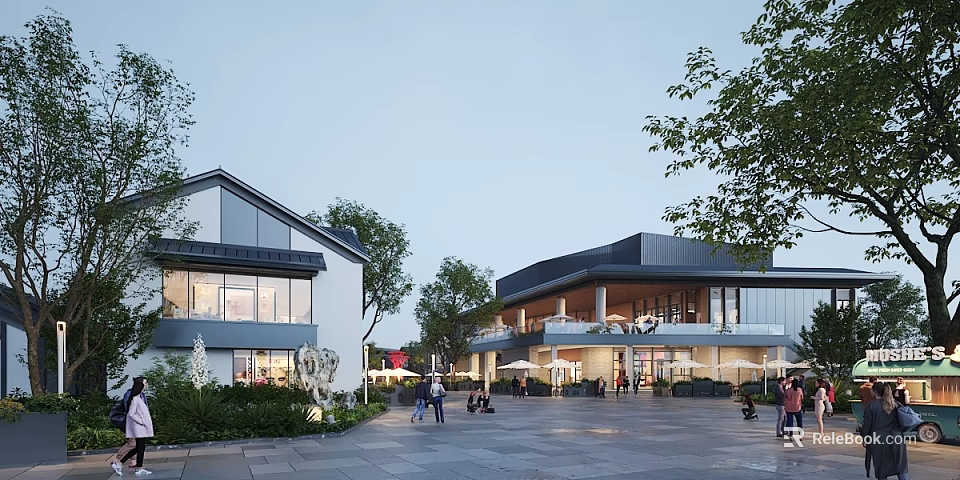 Modern Commercial Street With Vibrant Atmosphere Outdoor Seating Greenery And Pedestrians 3d model 