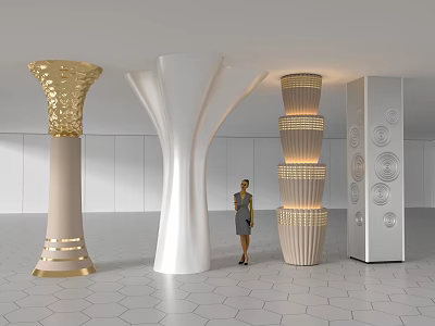 Modern Interior Decorative Columns With Gold Accent White Curved Design And Layered Lighting 3d model