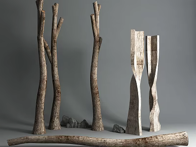Natural Stone and Wood Decor Display With Tree Trunks and Sculptures 3d model