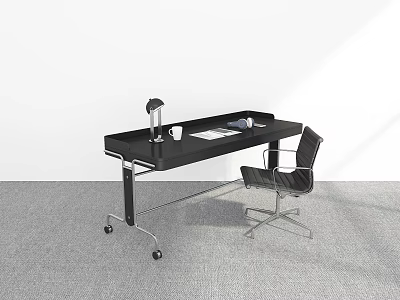 Black Office Desk with Wheels Lamp Notebook Cup and Black Chair on Gray Carpet 3d model