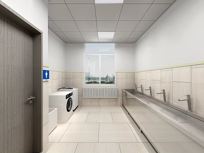Public Restroom With Accessible Design Multiple Washbasins Natural Light And Tiled Floor 3d model
