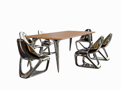 Modern Dining Table Set With Wooden Tabletop And Sleek Metal Chairs 3d model