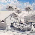 Charming Tropical Beach Cabin Scenery With Lush Palm Trees And Comfortable Seaside Outdoor Lounge