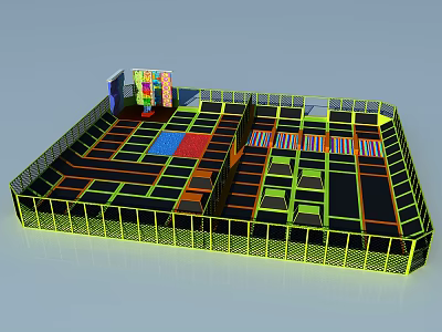 Colorful Trampoline Park Sports Equipment with Sectioned Areas and Yellow Safety Netting 3d model