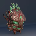 Intricate Carved Mythical Mask Sculpture With Red Surface And Green Horns