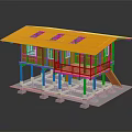 Cartoon Scene of Yellow House with Yellow Roof White Support Columns Railing and Stairs