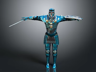 Full Body Blue Medieval Armor With Metallic Texture And Sword In Standing Pose 3d model
