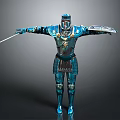 Full Body Blue Medieval Armor With Metallic Texture And Sword In Standing Pose