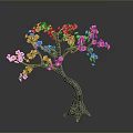 Ornamental Tree With Curved Trunk And Blooming Pink Flowers Against Dark Background