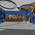 Modern Cinema Interior With Circular Ceiling Decorations Blue Orange Walls Reception Desk And Movie Posters